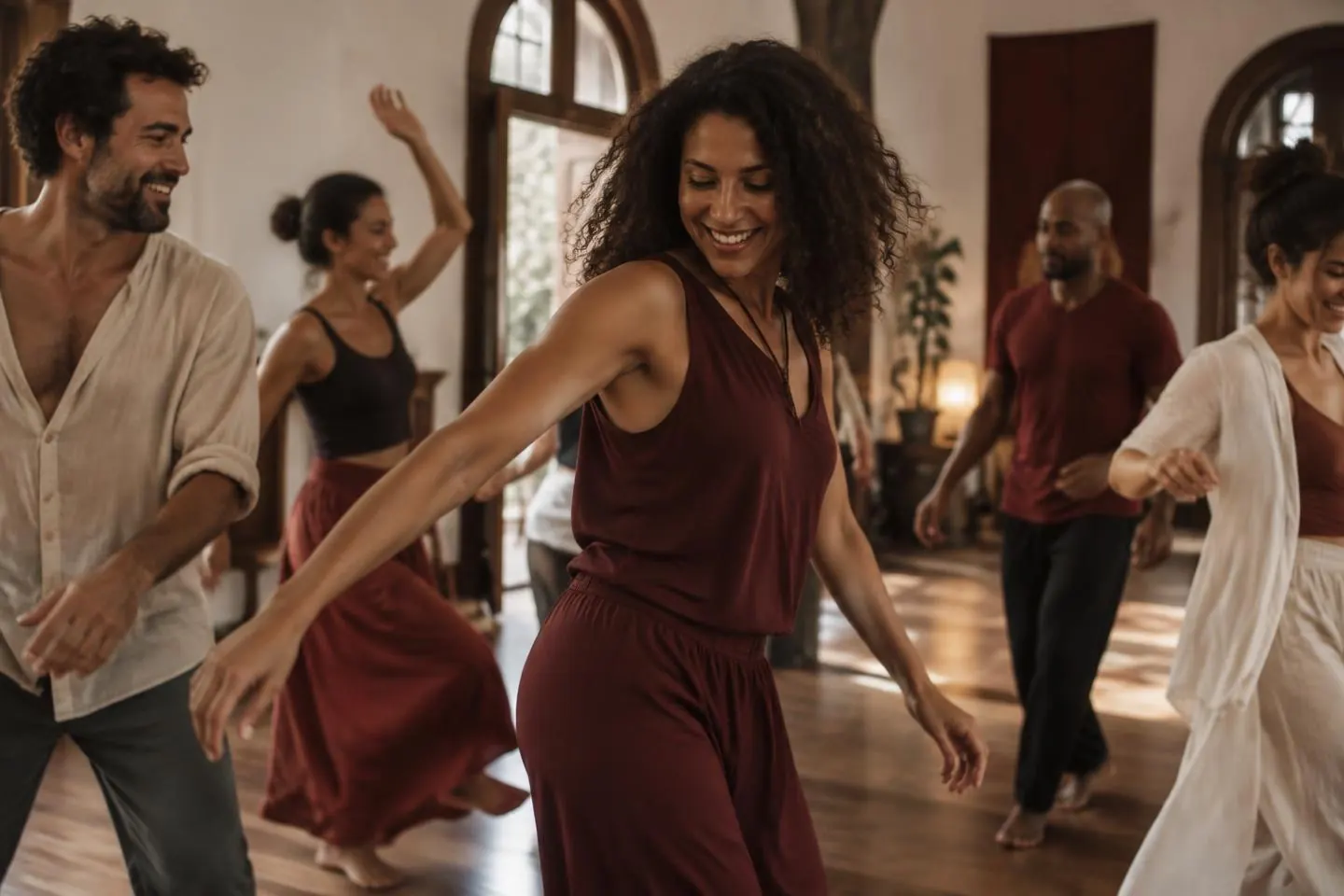 Grupo diverso em um momento leve de movimento e conexão